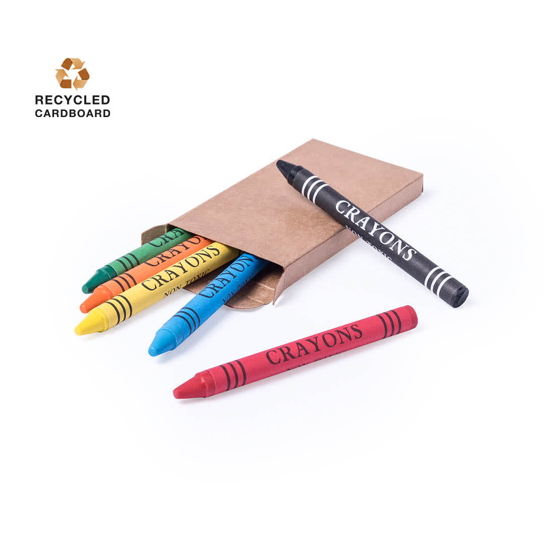 A set of six crayons in red, blue, green, yellow, orange, and black, packaged in a recycled cardboard box. Pichi Crayon Set - Image 1