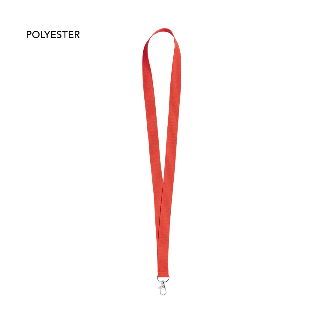 A red polyester neck lanyard with a metal clip for attaching items. Neck Lanyard - Image 1