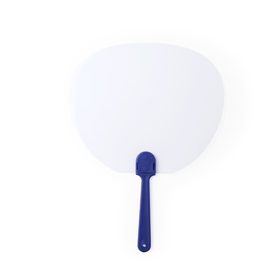 A large promotional fan with a blue handle and a transparent, rounded white blade. Features a logo on the handle. Kerry Pai Pai - Image 1