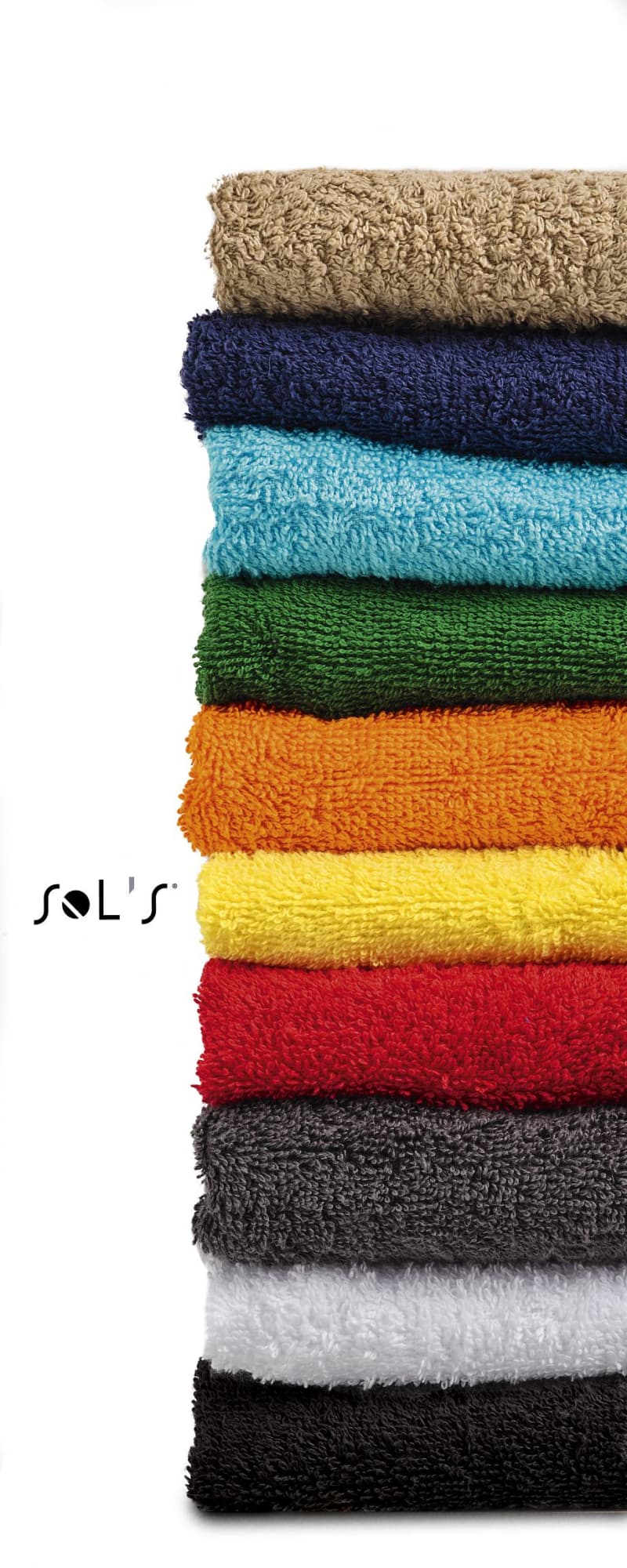 Stack of bath towels in various colours including blue, green, orange, yellow, red, and black, with a logo visible. Bath towel 400gsm cotton 100mm x 150mm - Image 1