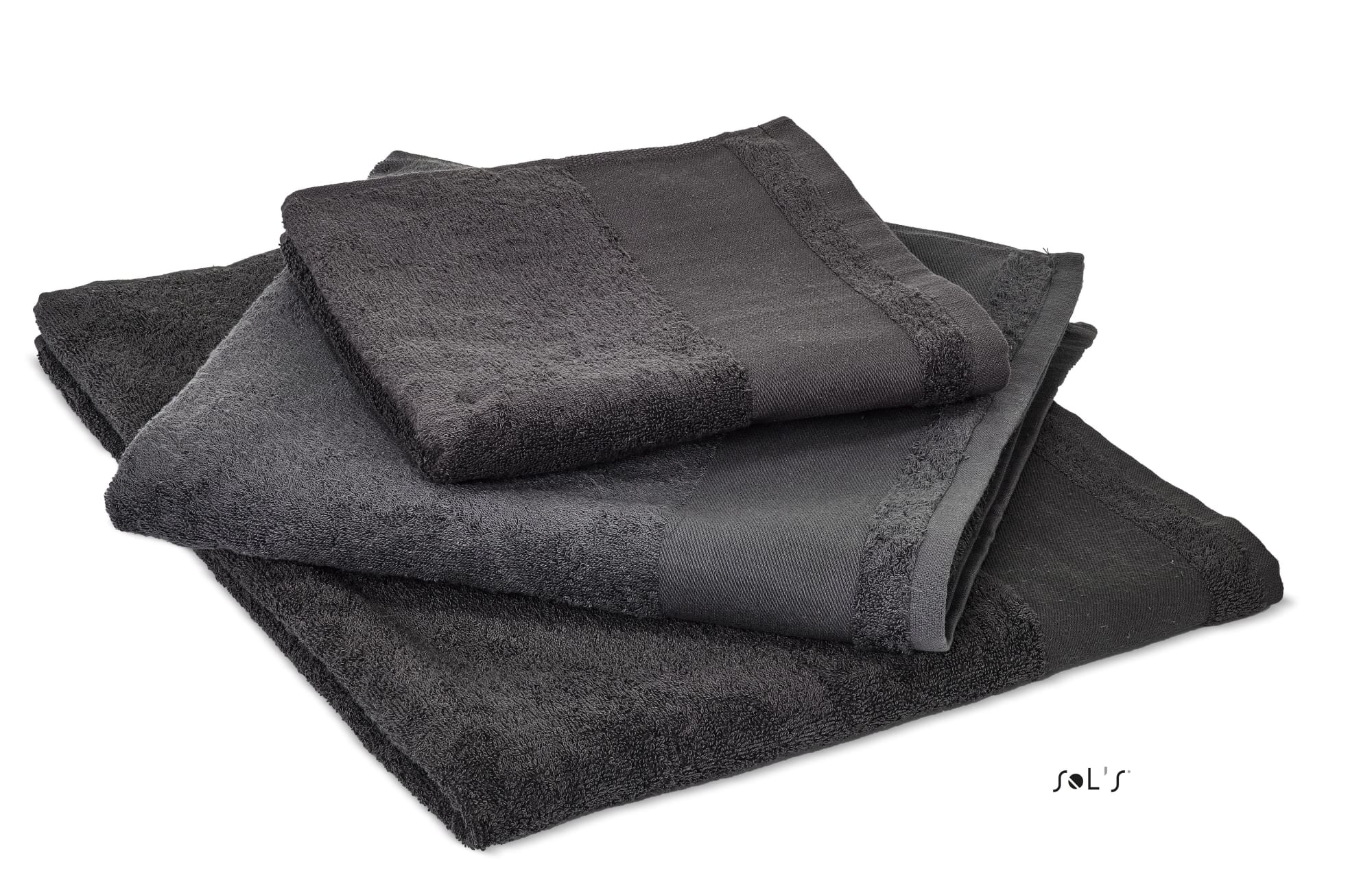 A set of heavy weight cotton hand towels in varying shades of grey, featuring a textured design and a logo. HAND TOWEL 100cm x 50cm Heavy weight 500gsm cotton - Image 1
