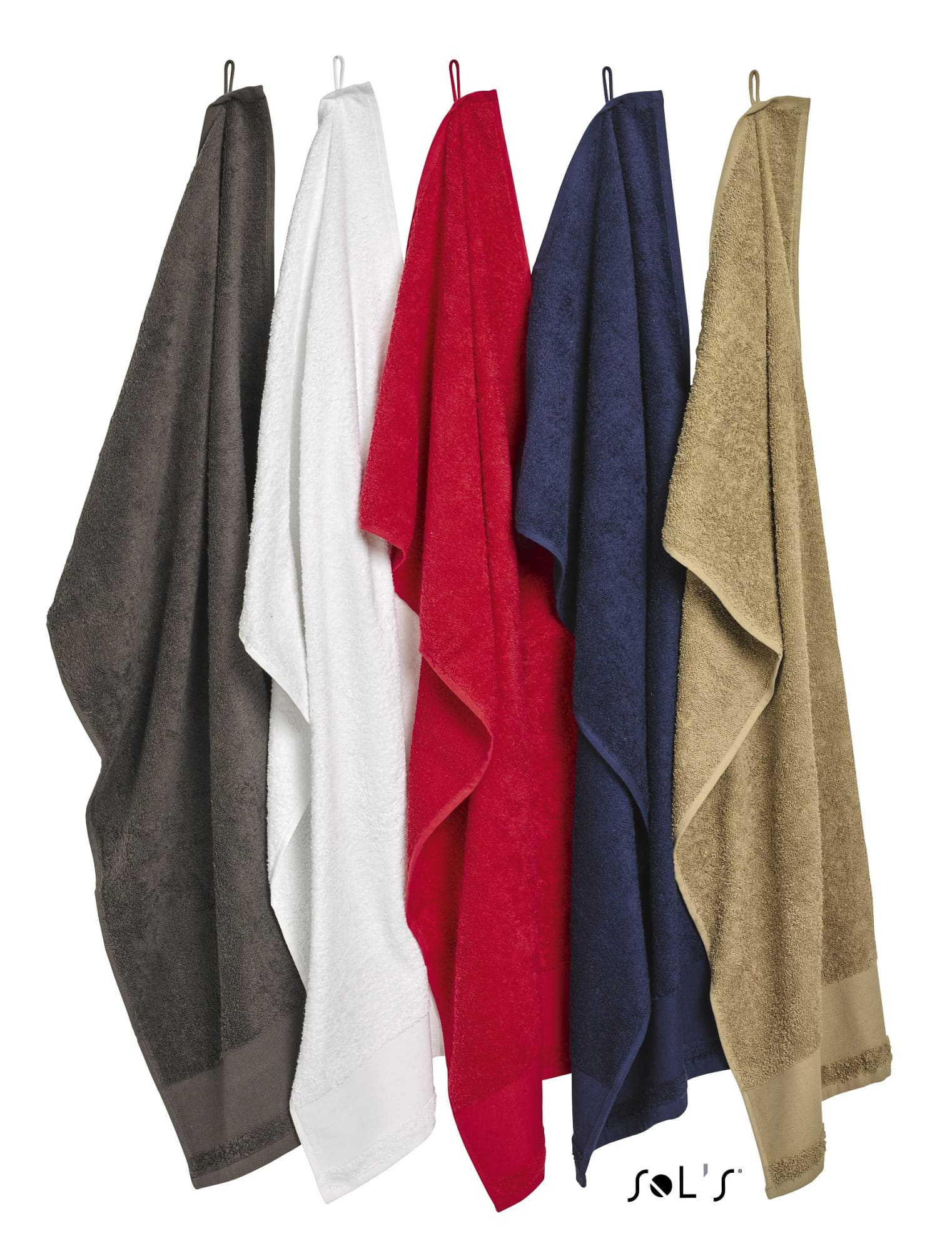 A collection of five bath towels in dark grey, white, red, navy, and beige, each hanging on a hook. Each towel has a logo. Bath towel 140cm x 70cm Heavy weight 500gsm cotton - Image 1