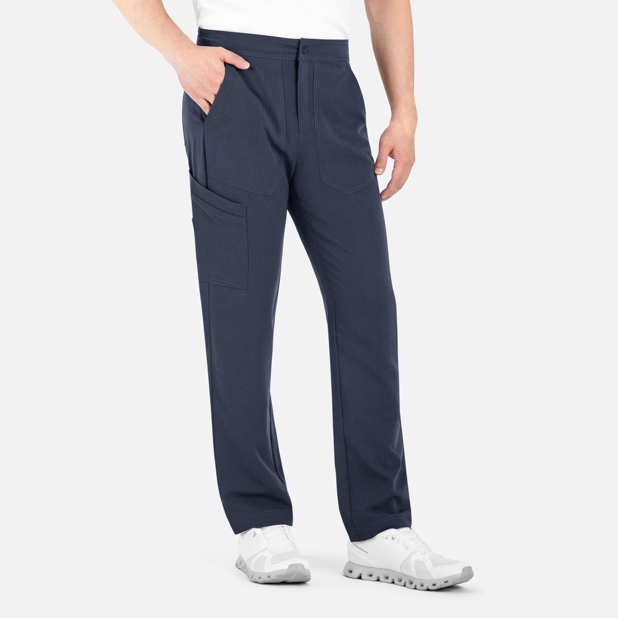 Men's cargo pants in navy blue, featuring a half elastic waistband and side pockets, with a logo displayed. Matrix Pro Mens Half Elastic Waistband Cargo Pant - Image 1