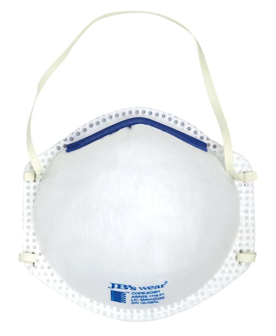 A white respirator mask with a blue strip and elastic straps, featuring a logo on the front. JB's P1 Respirator (20 Pc) - Image 1