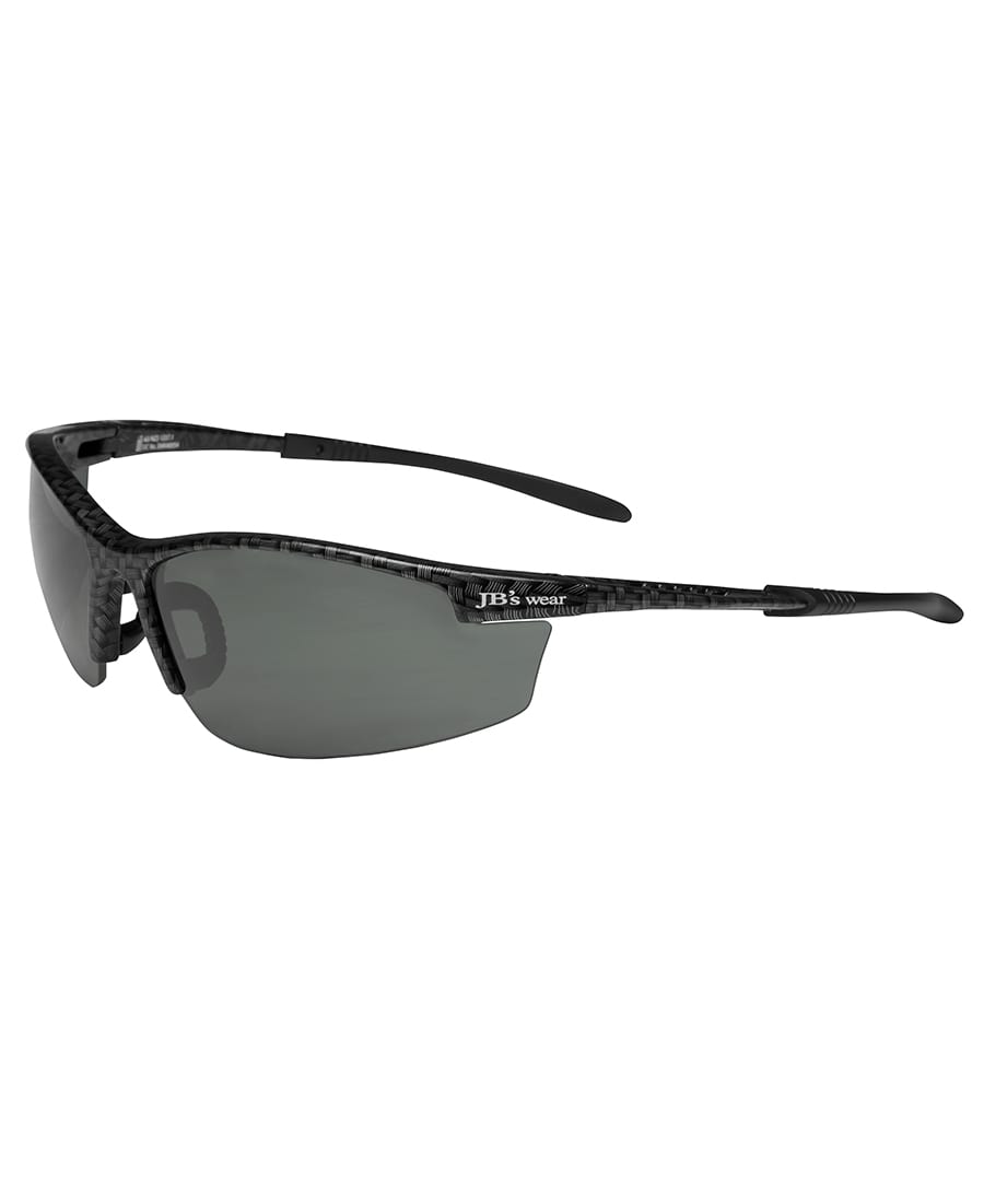 A pair of black sunglasses with polarised lenses and a textured frame, featuring a logo on the side. JB's Seafarer Polarised Spec 1337.1 (12 Pk) - Image 1