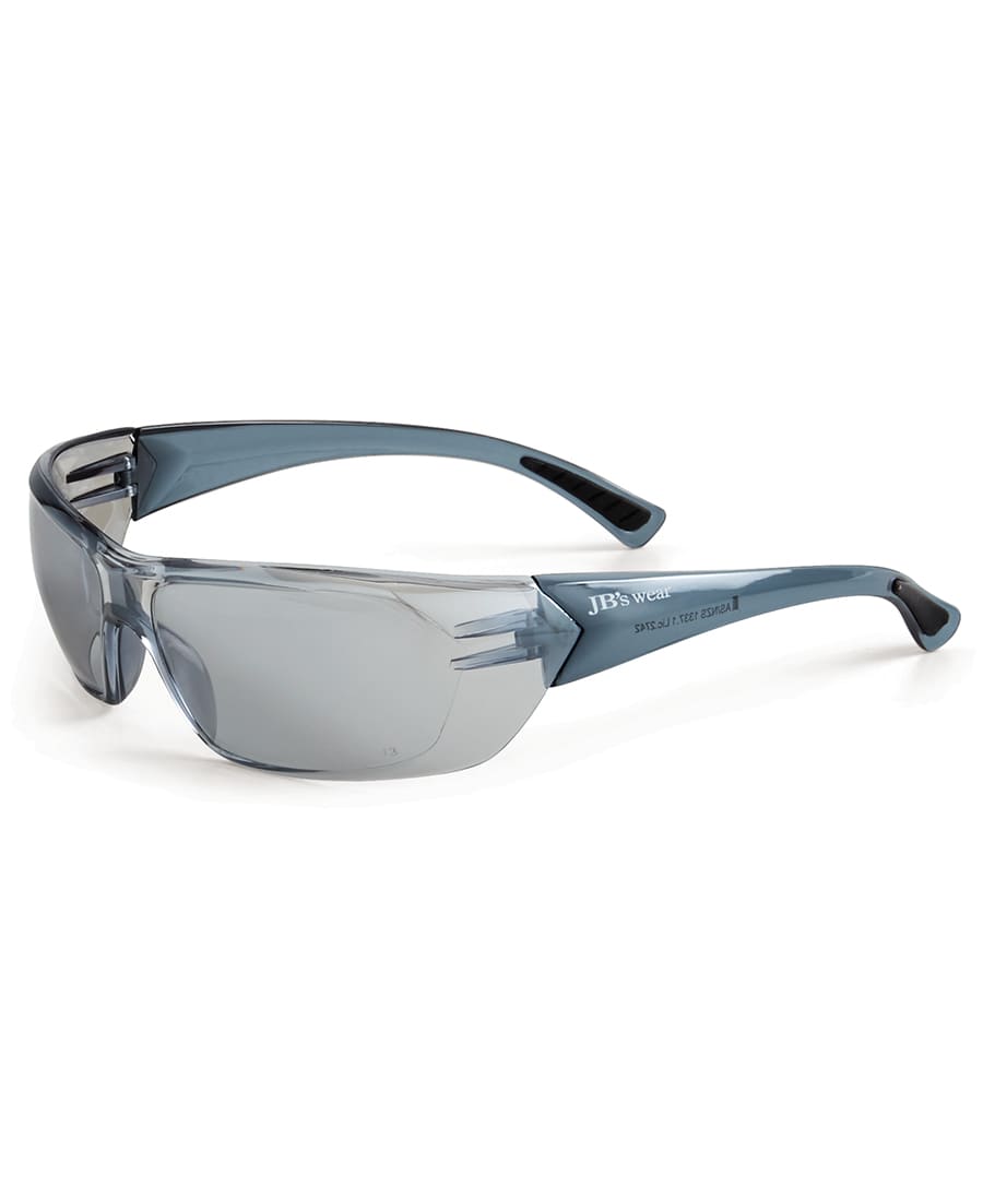 A pair of blue and silver mirror sunglasses with a sleek design and a logo on the side. JB's Arnie Spec 1337.1 (12 Pk) Blue Silver Mirror - Image 1