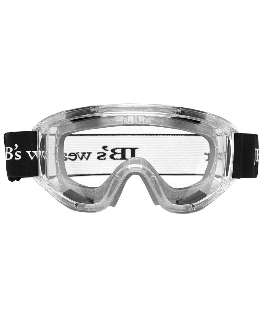 A pair of clear antifog goggles with a black elastic strap featuring a logo. JB's Premium Goggle (12 Pk) - Image 1