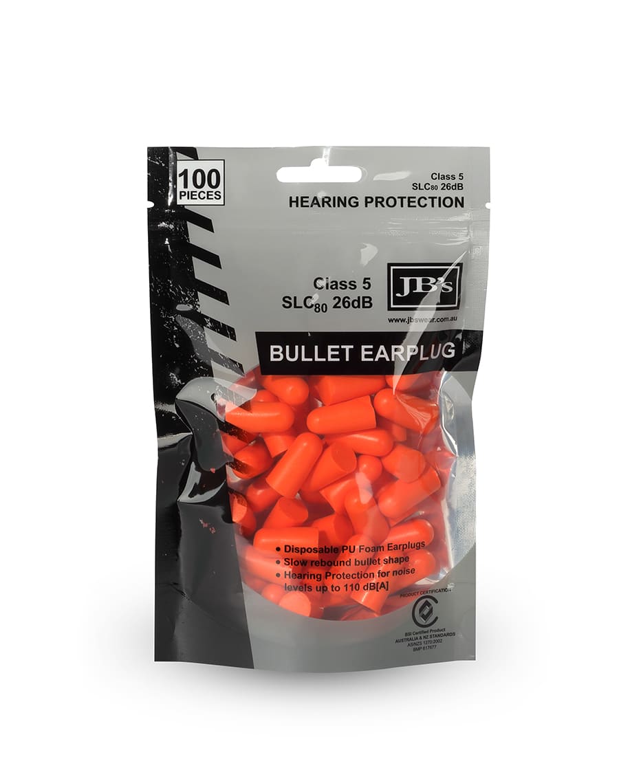 A pack of orange bullet-shaped earplugs, containing 100 pieces for hearing protection. The package features a logo. JB's Bullet Shaped Earplug (100 Pieces) - Image 1