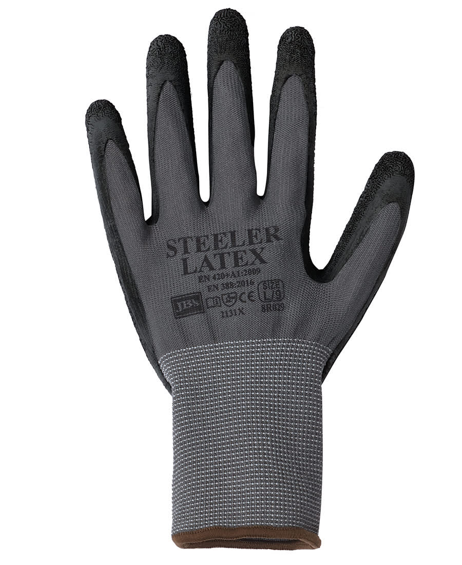 A grey and black latex glove with textured grips and a knitted wrist. Features a logo on the surface. JB's Steeler Crinkle Latex Glove (12 Pk) - Image 1