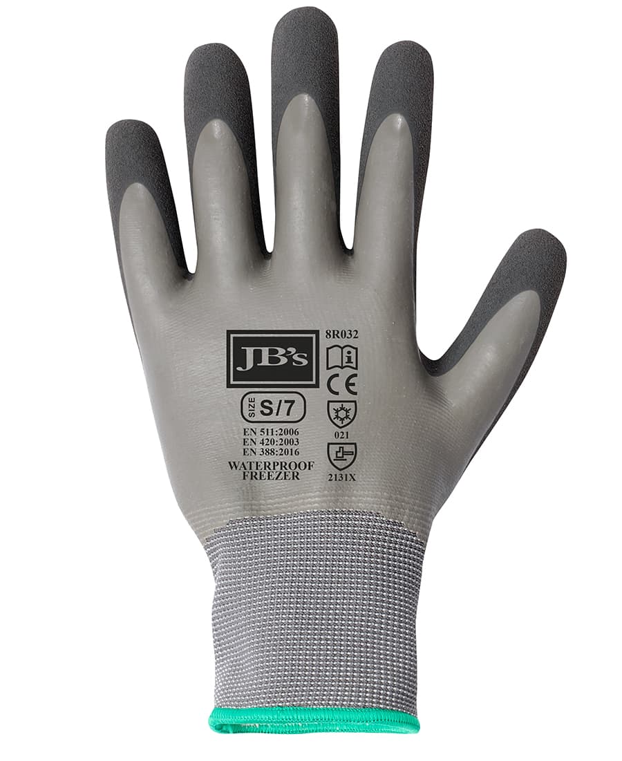 A grey and charcoal glove with textured fingertips and a logo, designed as a waterproof freezer glove. JB's W/Proof Latex Coat Freezer Glove 5 Pk - Image 1