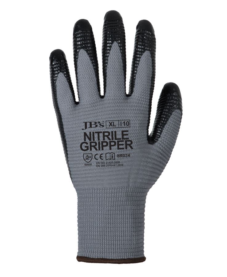 A grey and black nitrile gripper glove, featuring a textured grip and a logo on the wrist area. JB's Nitrile Gripper Glove (12 Pk) - Image 1
