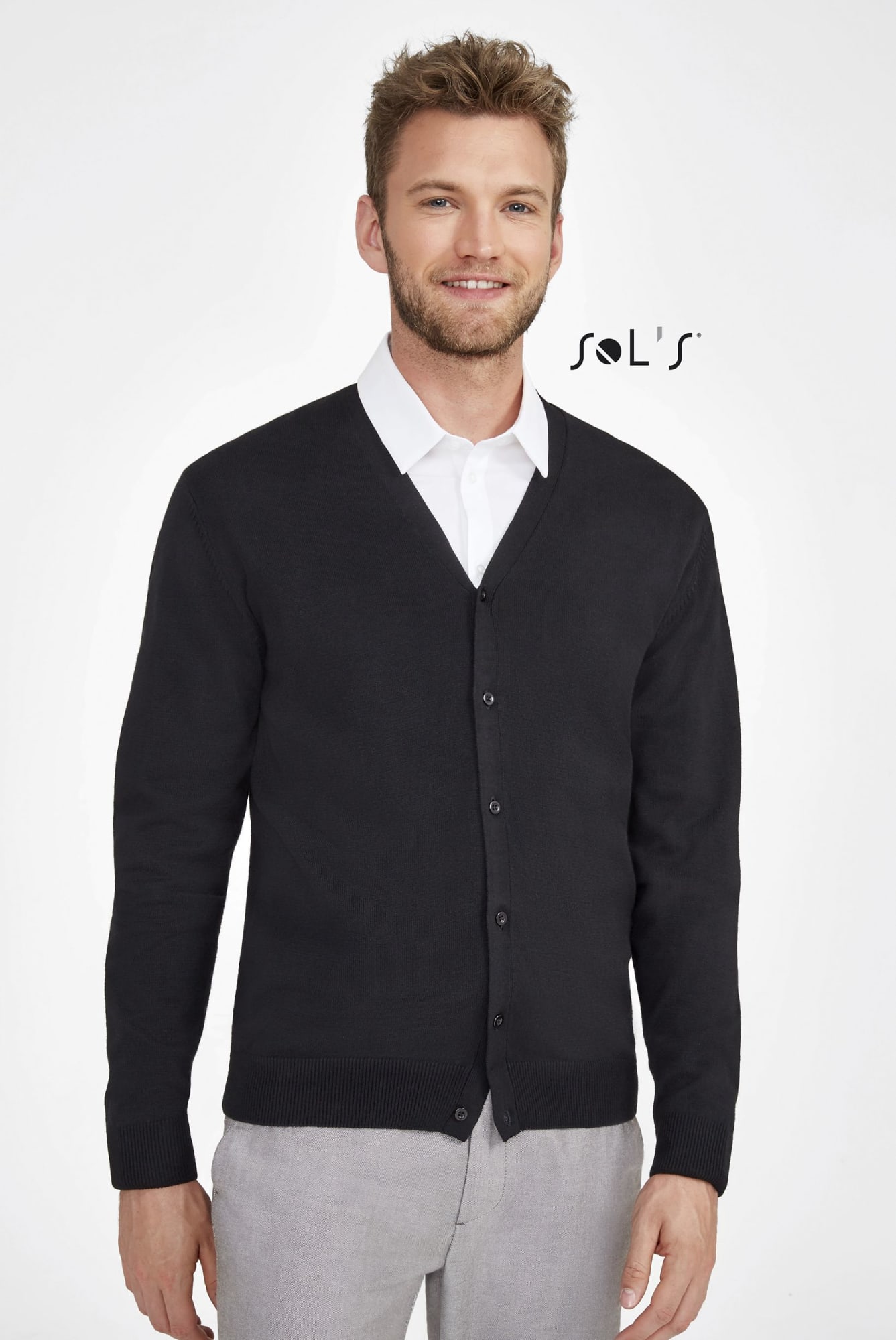 A black cardigan with a V-neck design made from a cotton and acrylic mix. It features buttons and has a logo. Cardigan V neck Mens cotton and acrylic mix GOLDEN - Image 1