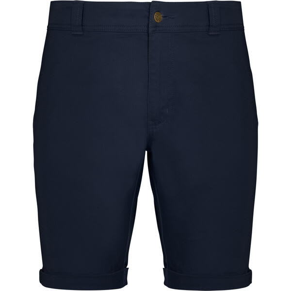 Navy blue dress shorts with a button and zip fastening, featuring rolled cuffs and a small logo on the front. Ringo Shorts - Image 1