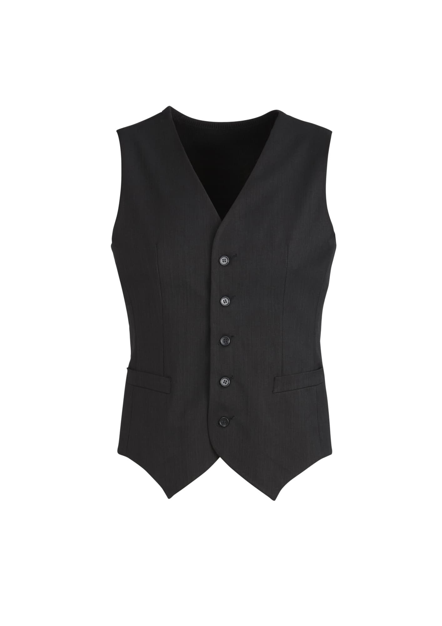 A black peaked vest featuring a five-button front and two side pockets, with a branding logo. Cool Stretch Mens Peaked Vest - Image 1