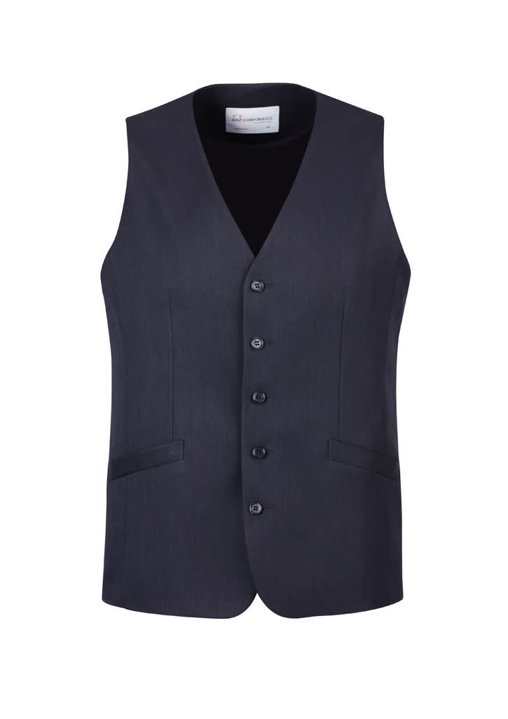 A navy longline vest with a five-button front, two side pockets, and a branded label inside. Mens Cool Stretch Longline Vest - Image 1