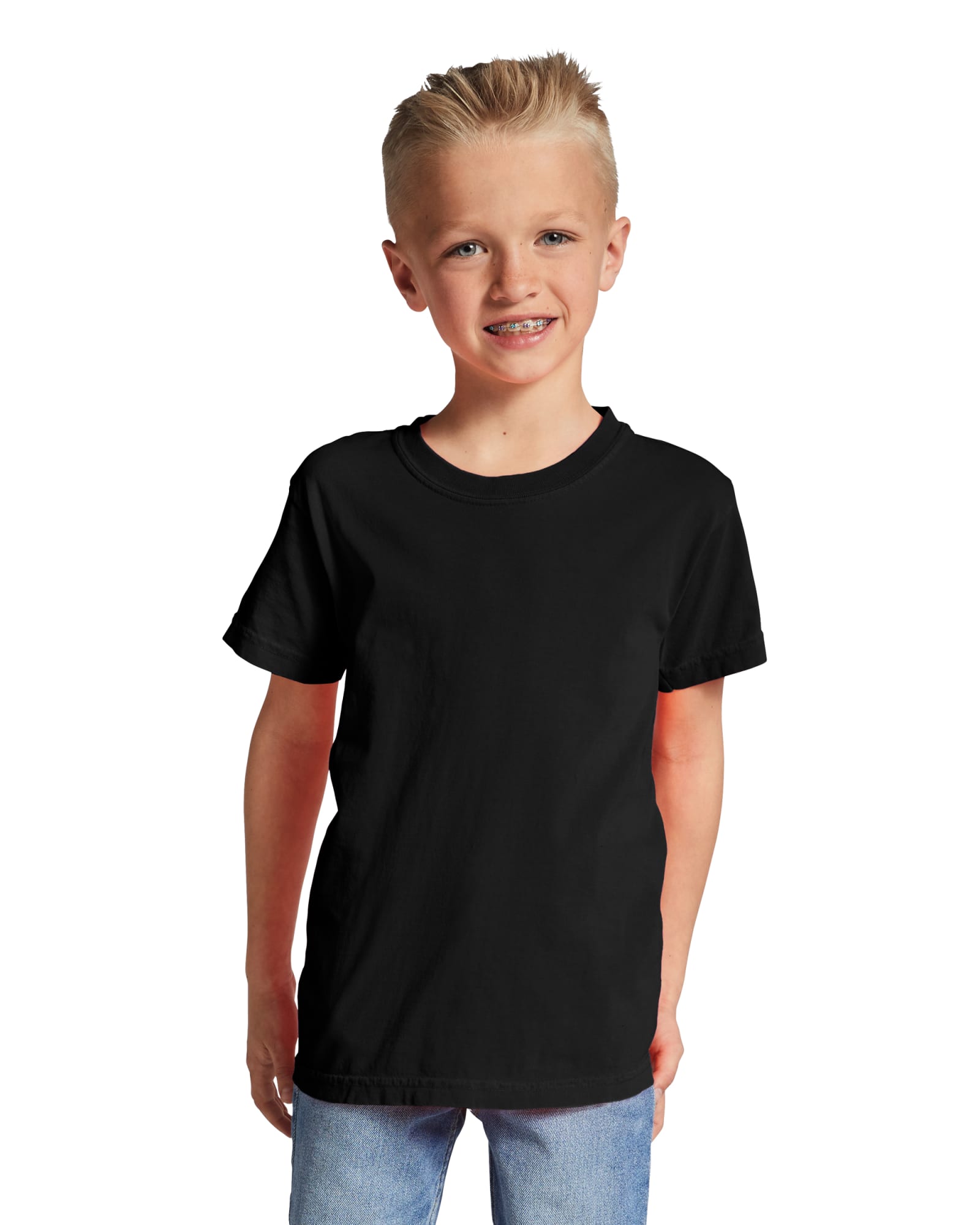 A black youth short sleeve t-shirt is displayed on a smiling child. The shirt has a simple design and no visible logos. Youth Short Sleeve T-Shirt - Image 1