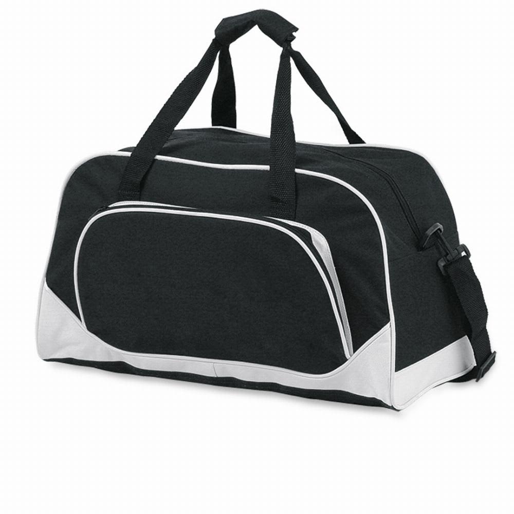 A black and white duffel bag with dual handles and a shoulder strap, featuring a front pocket and branding. Novo - Image 1
