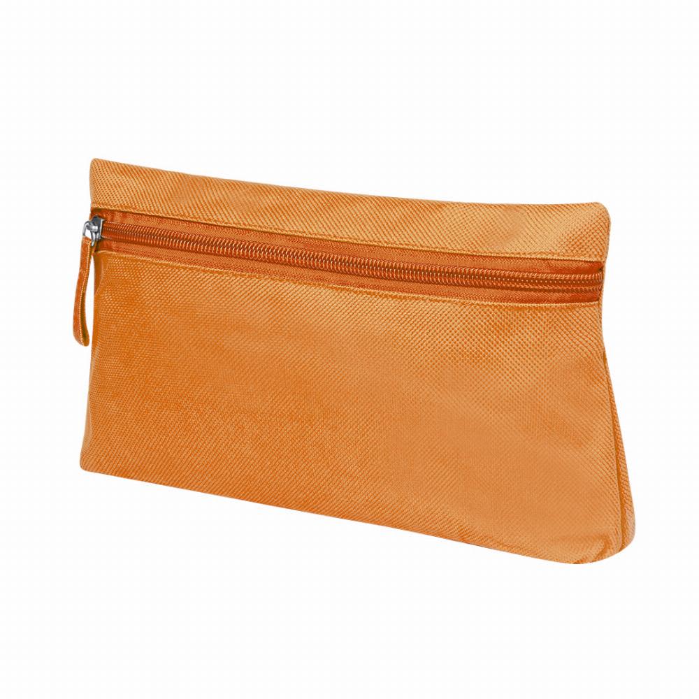 A cosmetic pouch in a vibrant orange colour, featuring a zippered compartment. It has a textured finish and a sleek design. Britney - Image 1