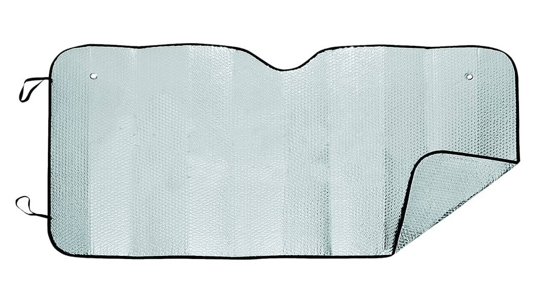 A reflective silver sunshade with a black trim, designed for leisure and outdoor use. Vagon Sunshade - Image 1