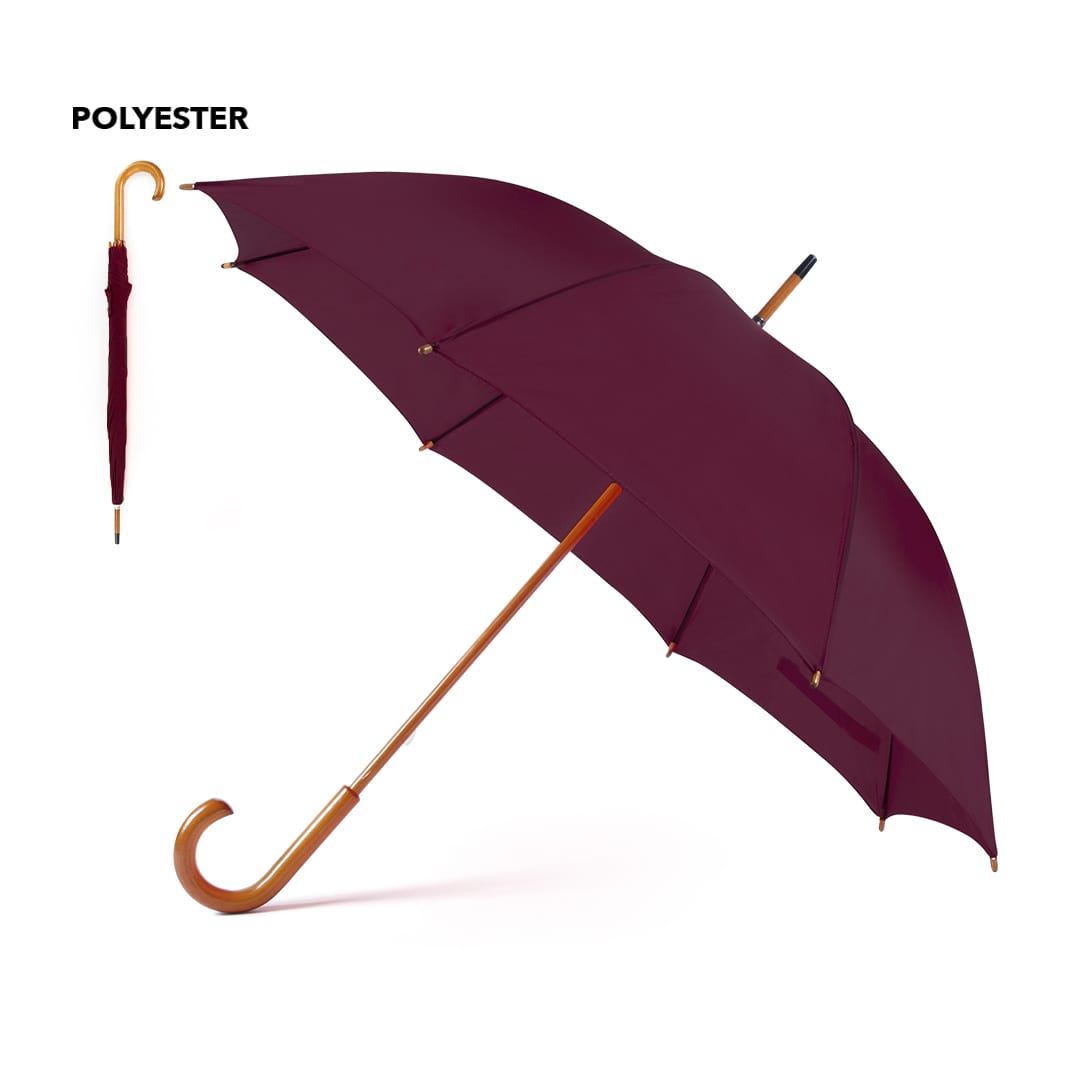 A maroon umbrella featuring a wooden handle and a compact design, with branding visible on the product. Santy Umbrella - Image 1