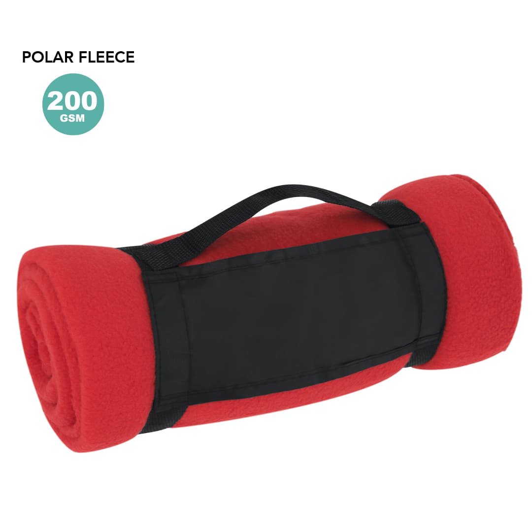 A rolled red polar fleece blanket with a black strap for carrying. It features a minimalistic design. Mountain Blanket - Image 1