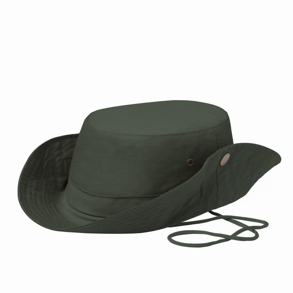 A green wide-brimmed hat with a chin strap and a flat top, featuring a button detail. Safari - Image 1