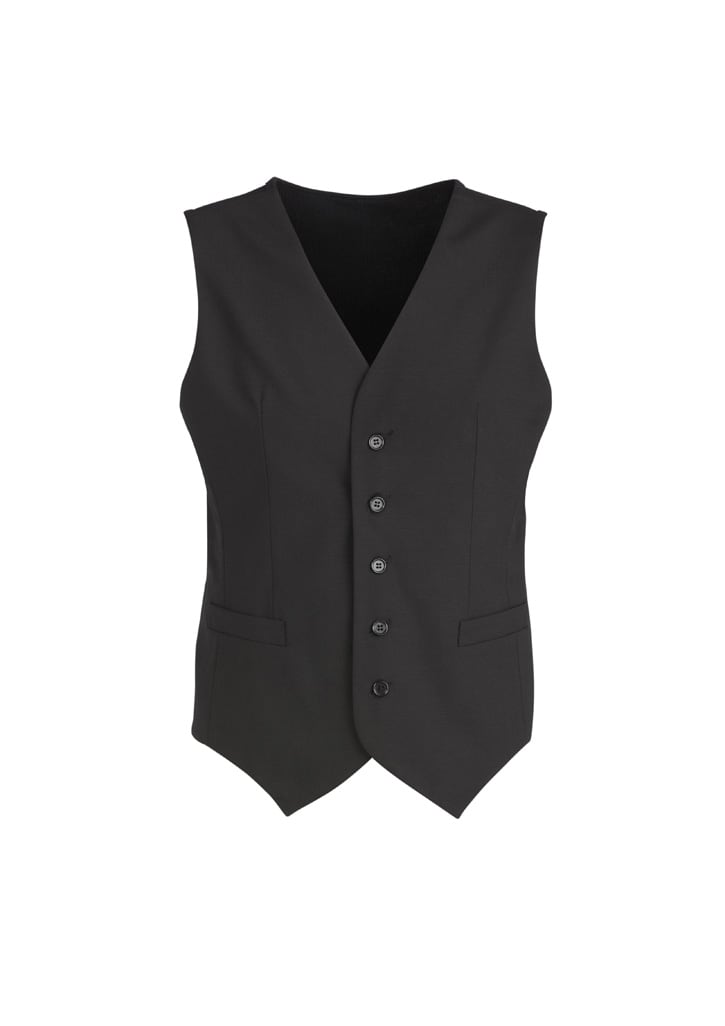 A black men's peaked vest featuring a five-button front and two side pockets, with a smooth fabric finish. Comfort Wool Stretch Mens Peaked Vest - Image 1