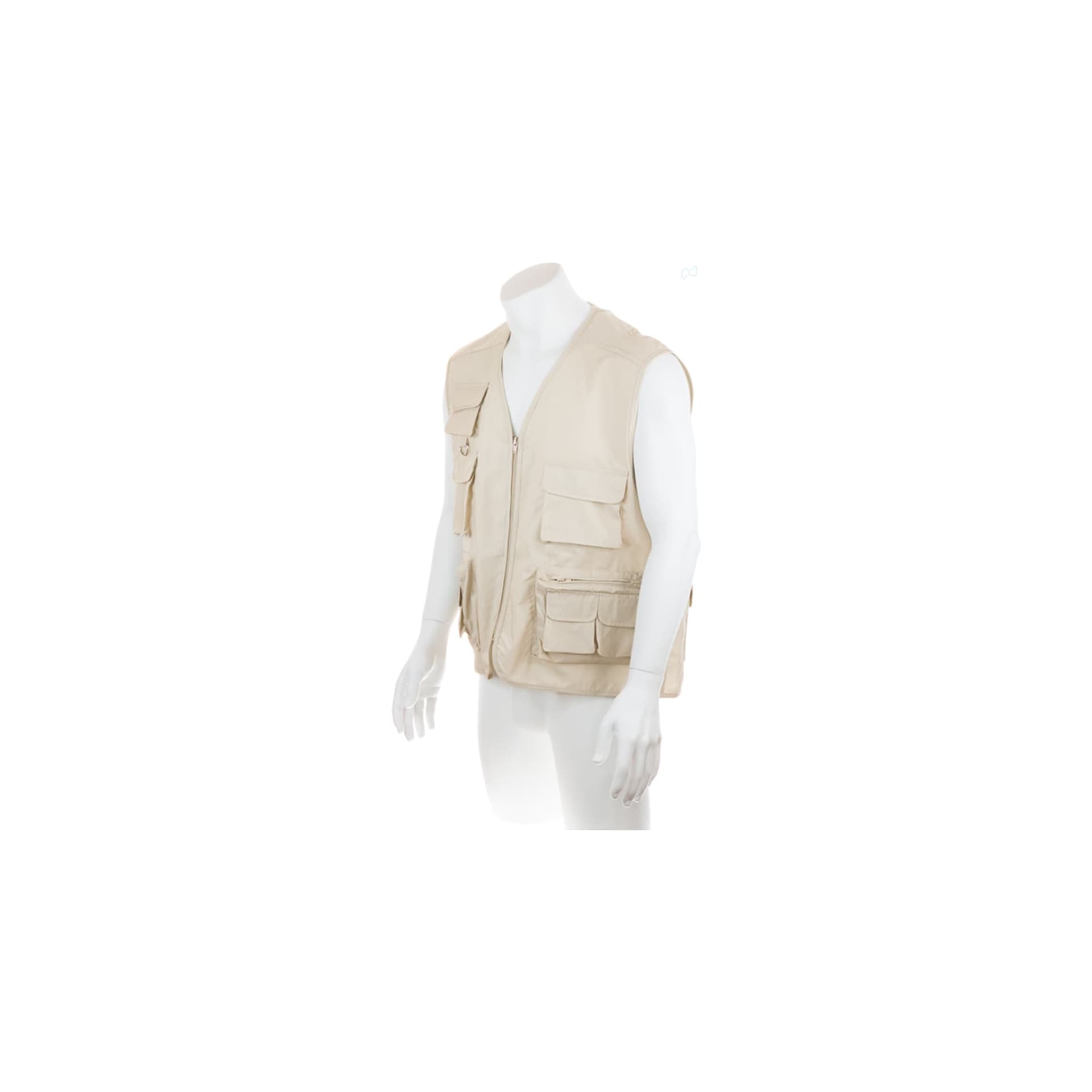 A beige vest with multiple pockets and a front zipper, displayed on a mannequin. Soviet Vest - Image 1