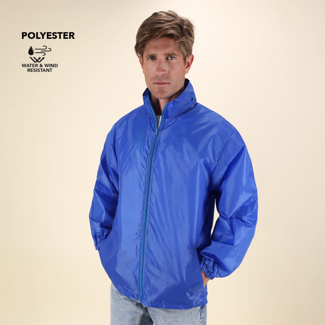 A blue rain jacket made of polyester with a water and wind-resistant feature, featuring a collar and zip closure. Grid Raincoat - Image 1