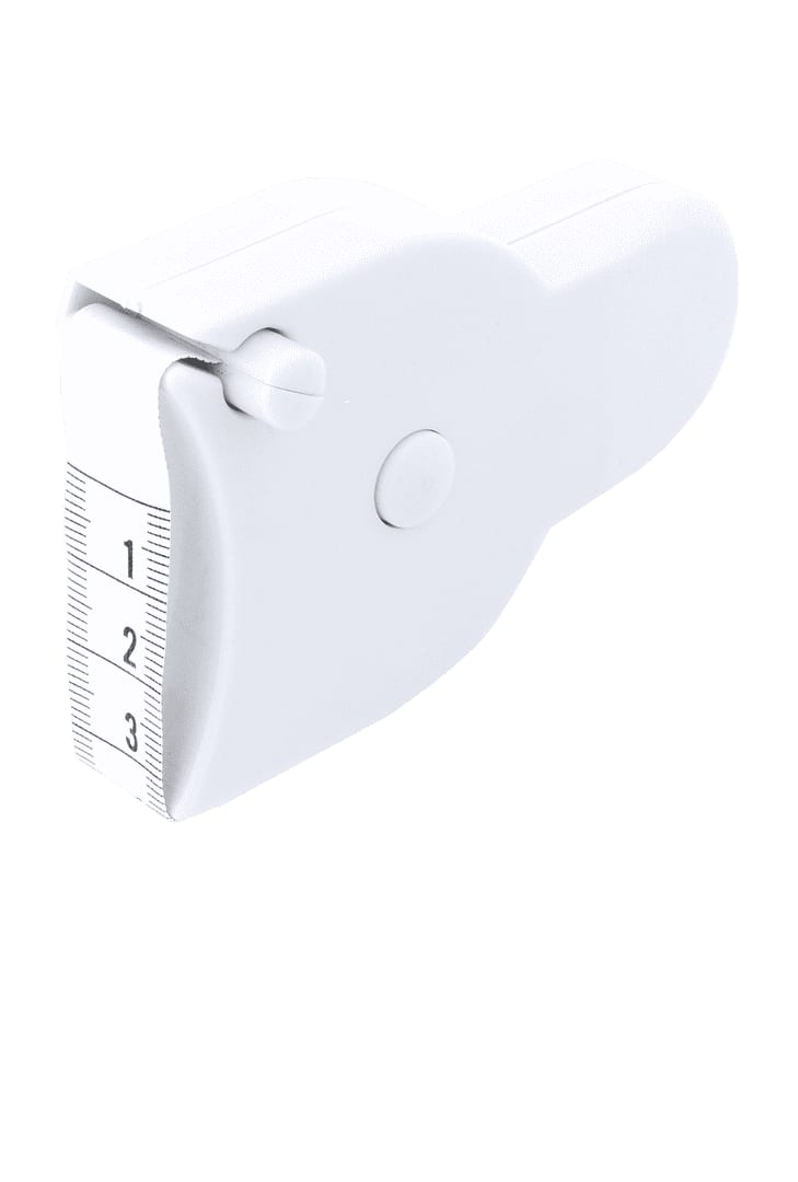 A white tape measure with a rounded design, featuring measurement markings and a logo. Siluet Tape Measure - Image 1