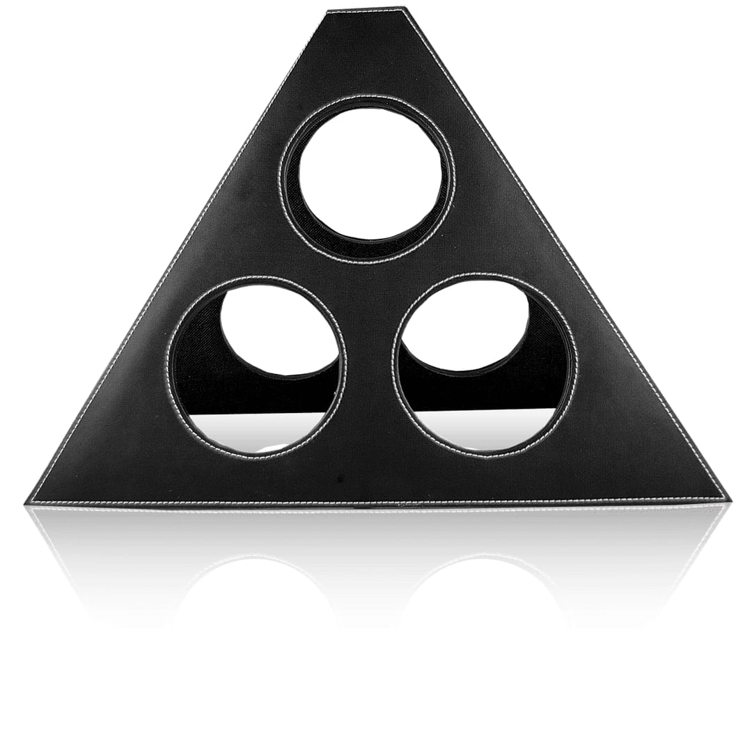 A triangular black wine rack with three circular cutouts, featuring white stitching and a minimalist design. Conde Wine Rack - Image 1