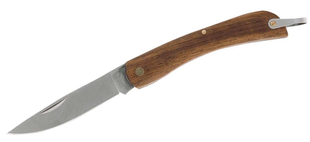 A pocket knife with a stainless steel blade and a wooden handle, featuring a metal loop for attachment. Campaña Pocket Knife - Image 1