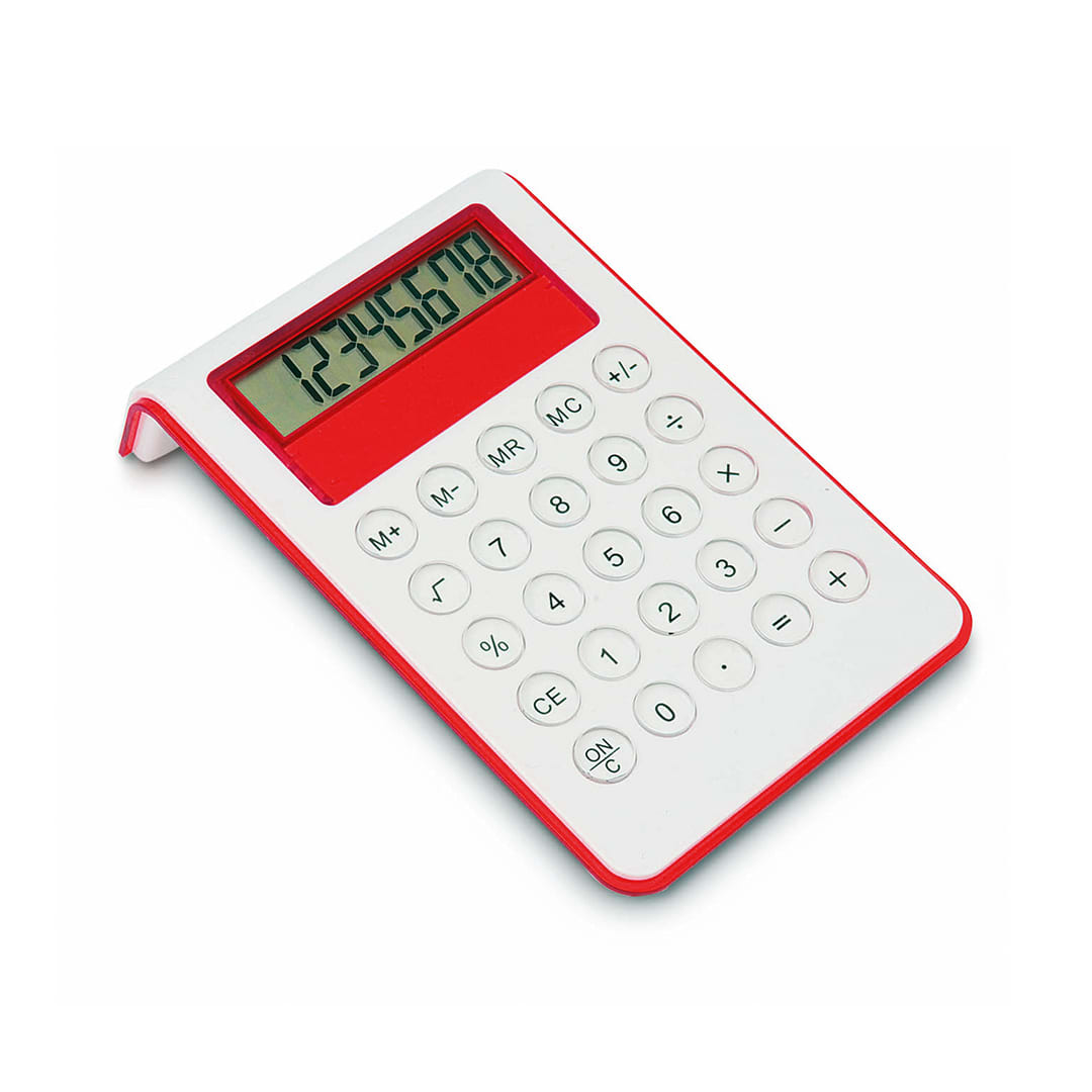 A red and white calculator with a digital display and numeric keypad, featuring a sleek design and a logo. Myd Calculator - Image 1