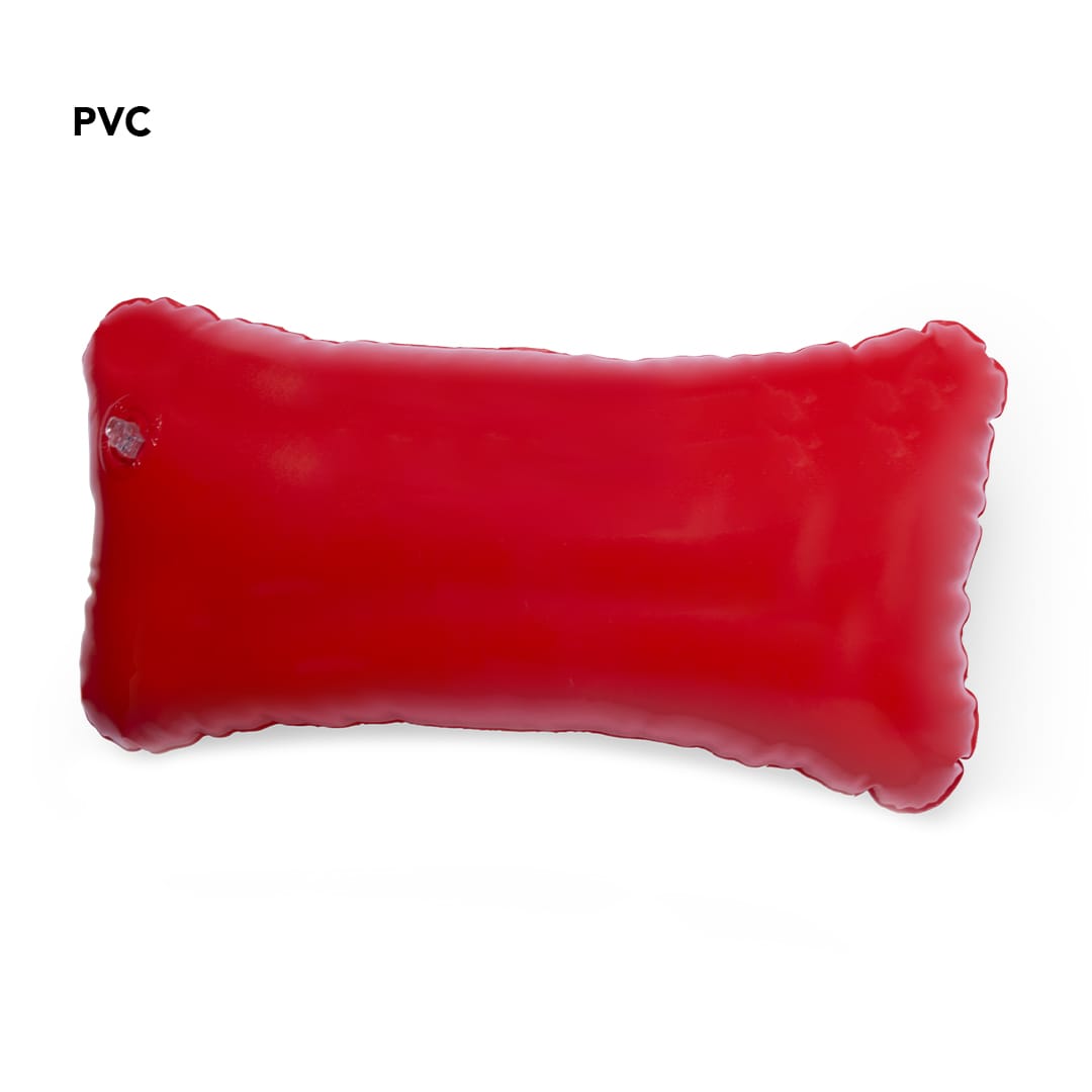 A bright red inflatable pillow with a smooth surface. The pillow features a subtle logo. Cancún Pillow - Image 1