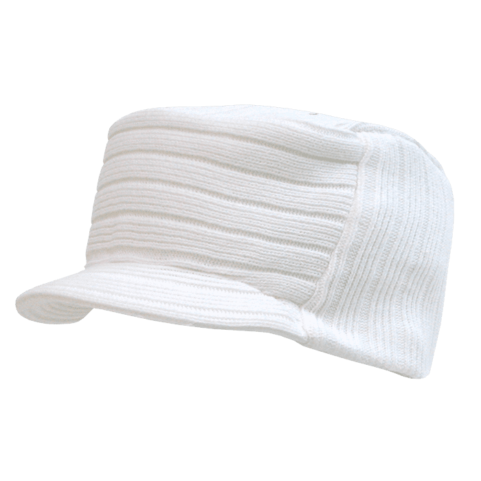 A white ribbed cap with a flat top and a small visor, featuring a logo on the side. Flat Top HybriCap - Image 1