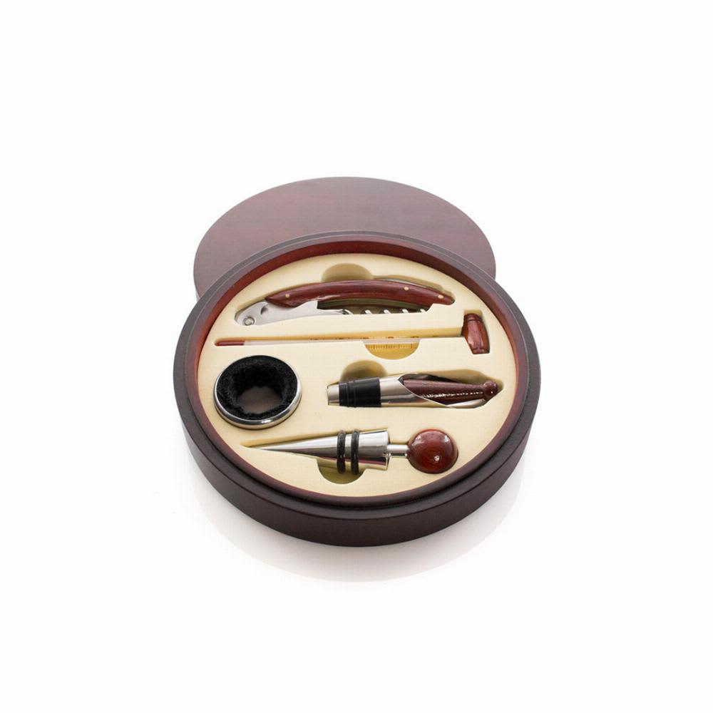 A wooden gift box containing a corkscrew, bottle stopper, pen, and other accessories with a polished finish. Baco - Image 1