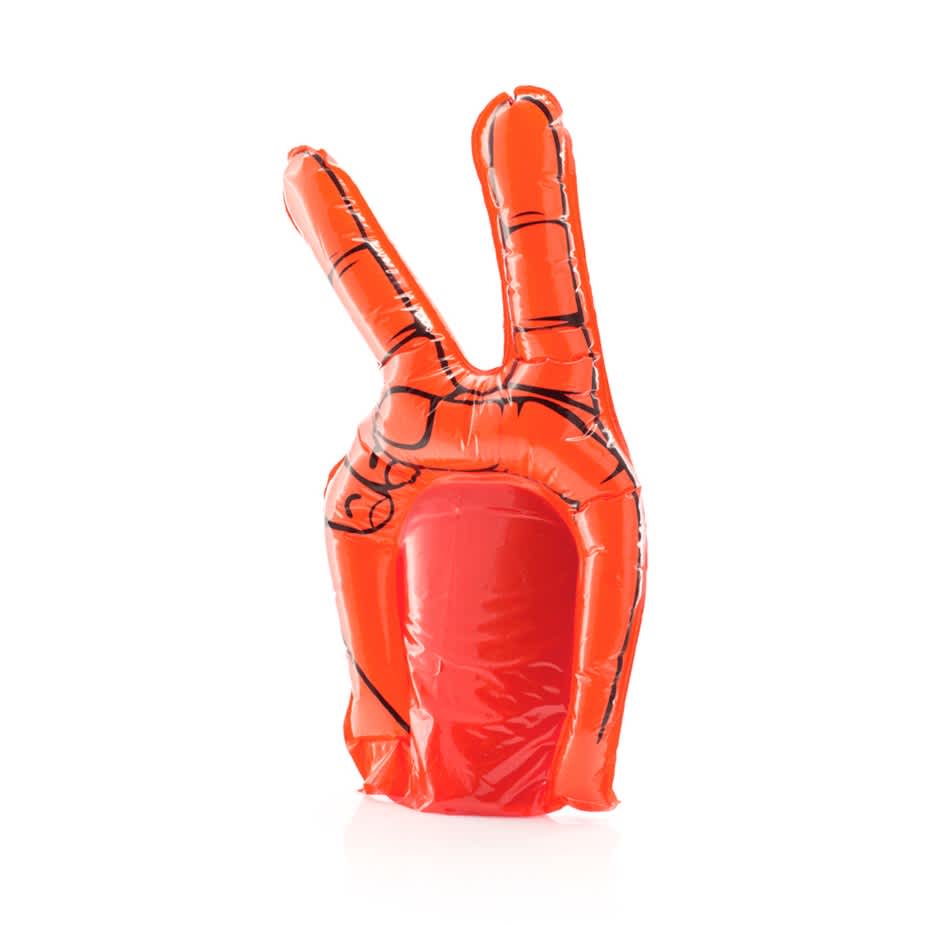 An inflatable orange hand in a "peace" gesture, featuring black outlines and a glossy finish. Hogan Animation Hand - Image 1