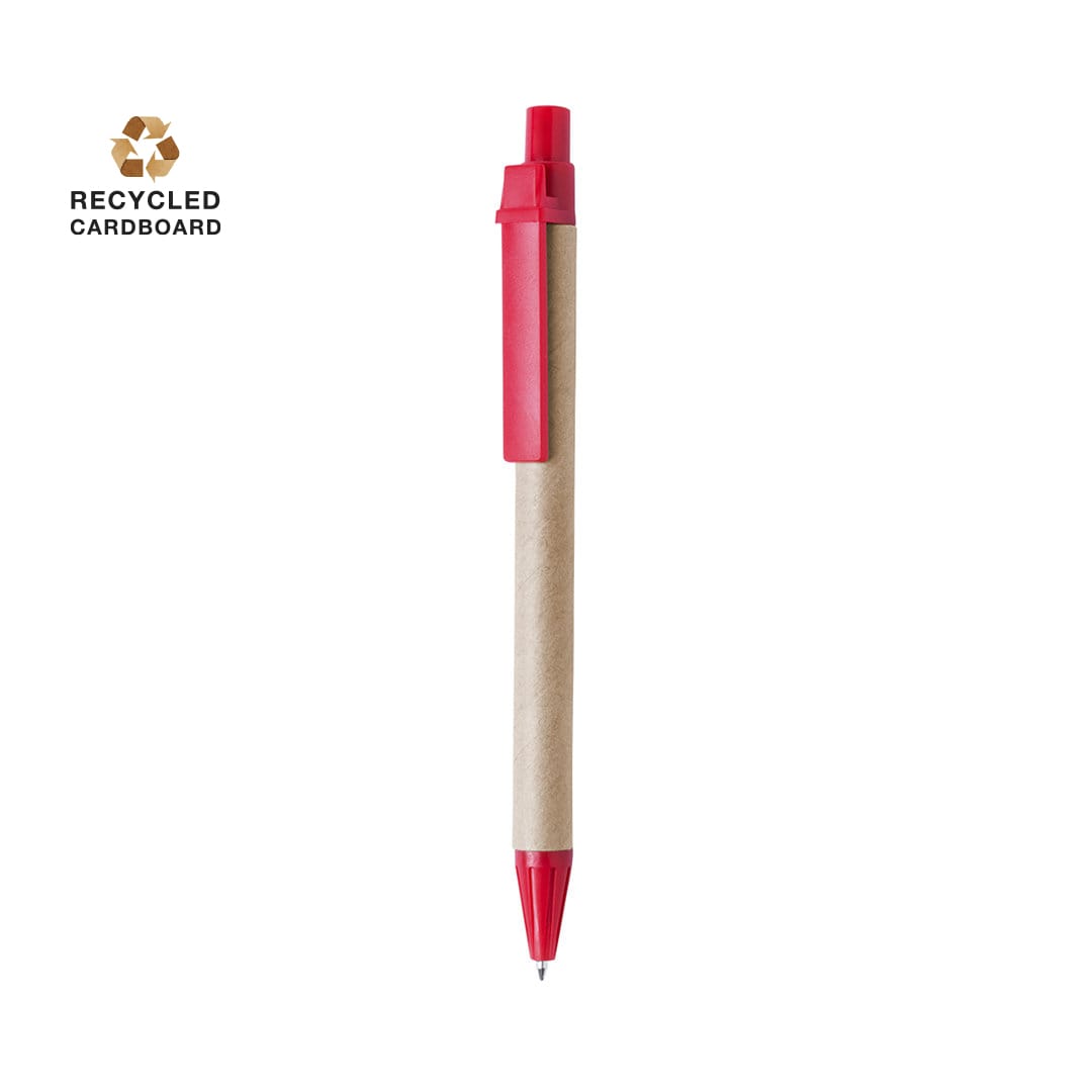 A pen with a recycled cardboard barrel and a red cap and tip, featuring a branding logo. Compo Pen - Image 1