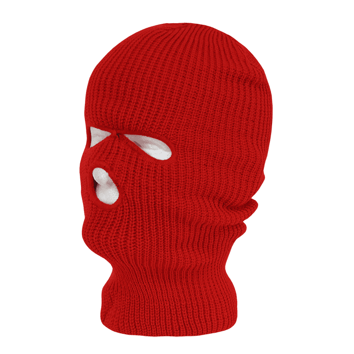 A red beanie with three holes for eyes and mouth, featuring a snug knit design and a logo. Face Mask 3 Holes Beanies - Image 1