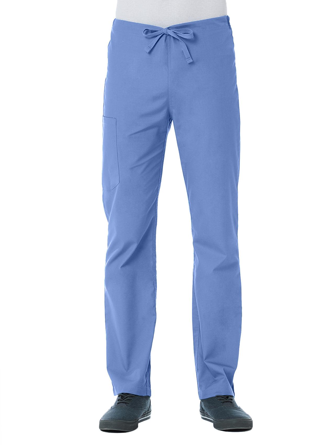Light blue unisex pull-on pants with an adjustable drawstring and side pocket, featuring a logo. Red Panda Unisex Pull-On Pant - Image 1