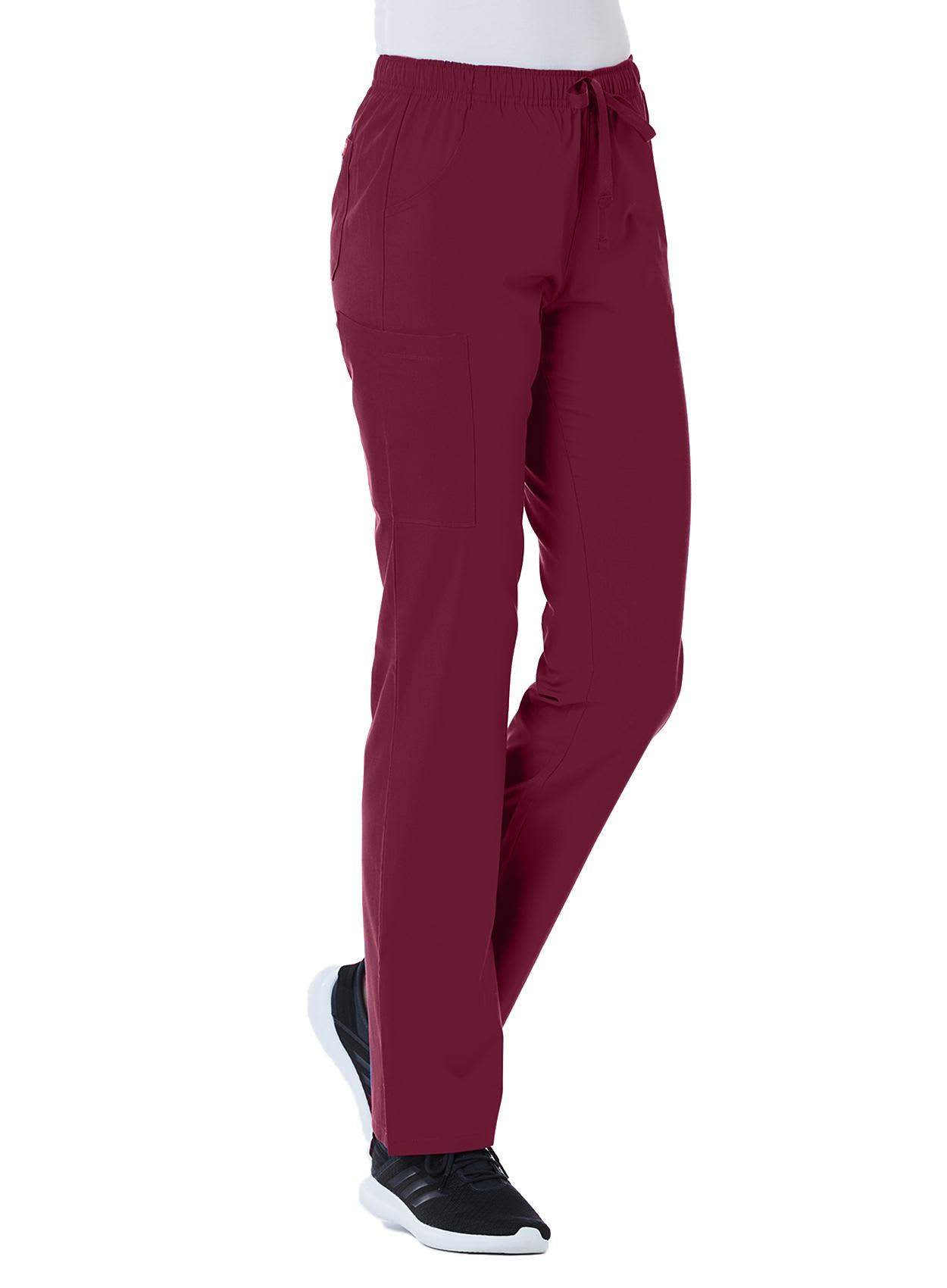 A pair of full elastic cargo pants in a rich burgundy colour, featuring multiple pockets and a relaxed fit. Red Panda Womens Full Elastic Cargo Pant - Image 1