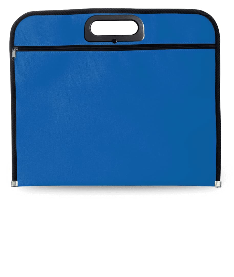 A blue document bag with a black zipper and handle, featuring a front pocket and a simple design. Join Document Bag - Image 1