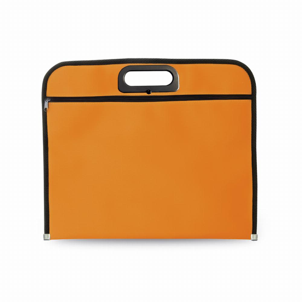 An orange document folder with a black zipper and a top handle for easy carrying. Join - Image 1