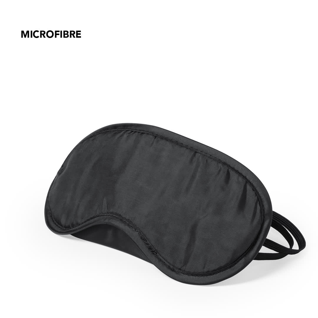 A black travel eye mask made of microfibre, featuring an elastic strap for a secure fit. Asleep Travel Eye Mask - Image 1