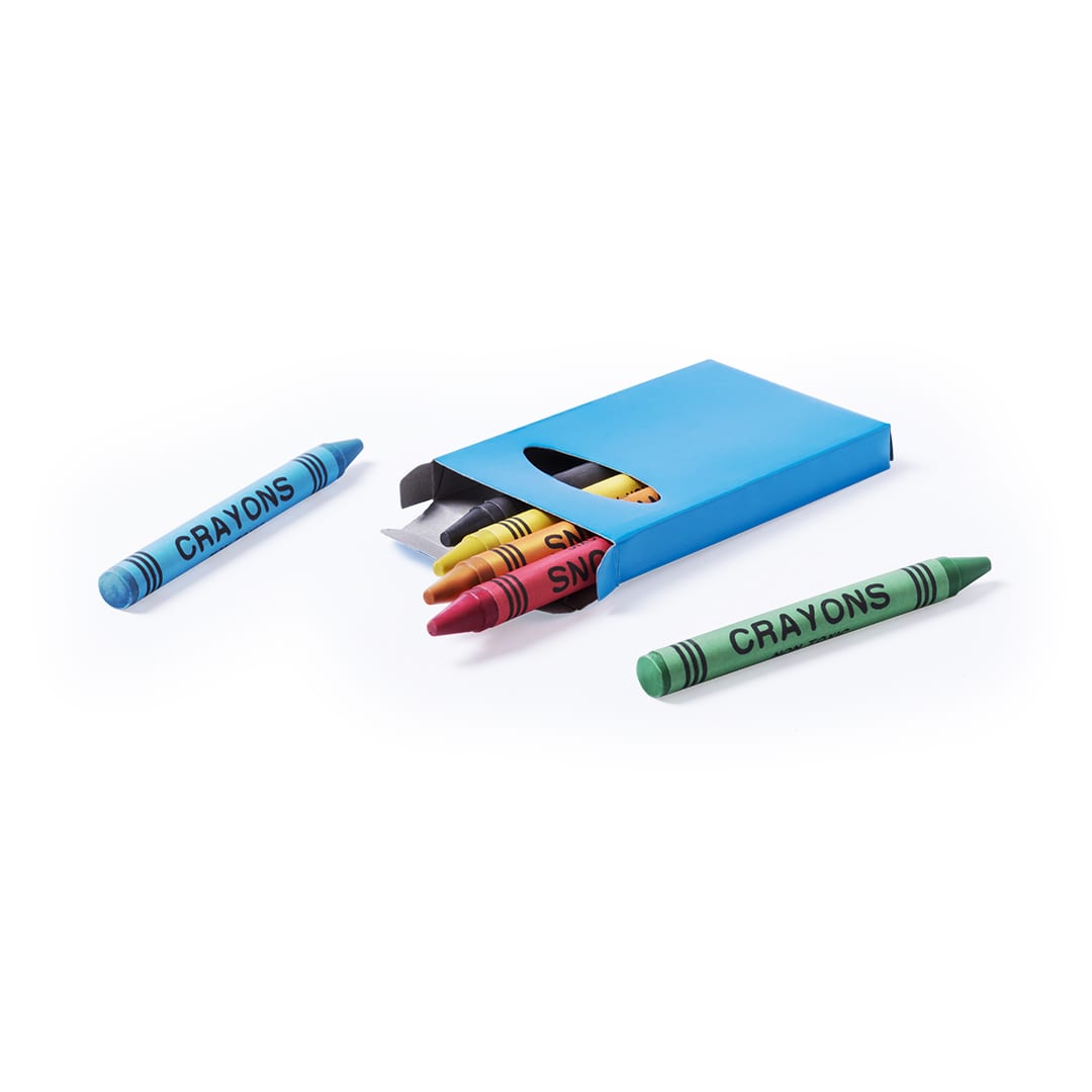 A blue box contains several crayons in red, yellow, green, and black, with three crayons placed outside the box. Tune Crayon Set - Image 1