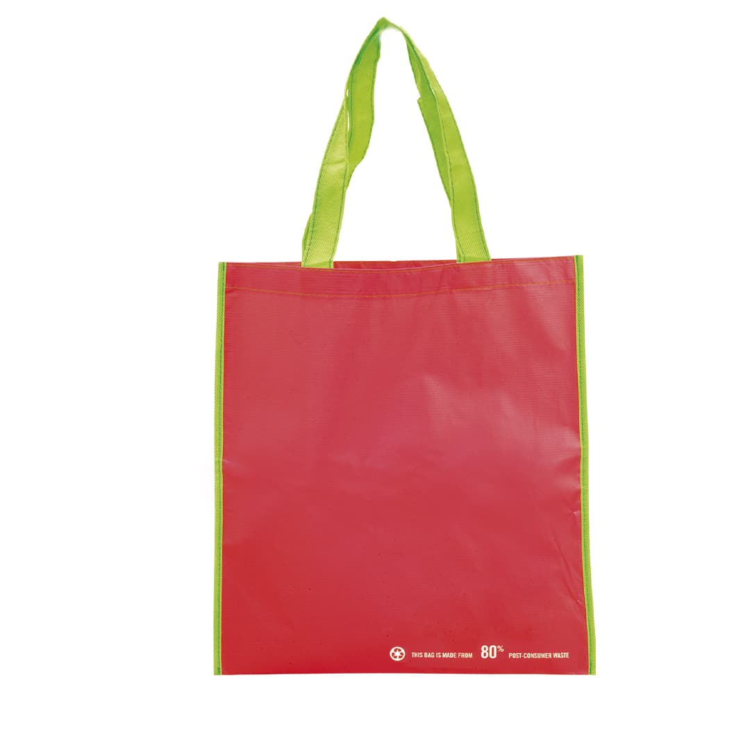 A red tote bag with green handles, featuring a logo on the side. Helena Bag - Image 1