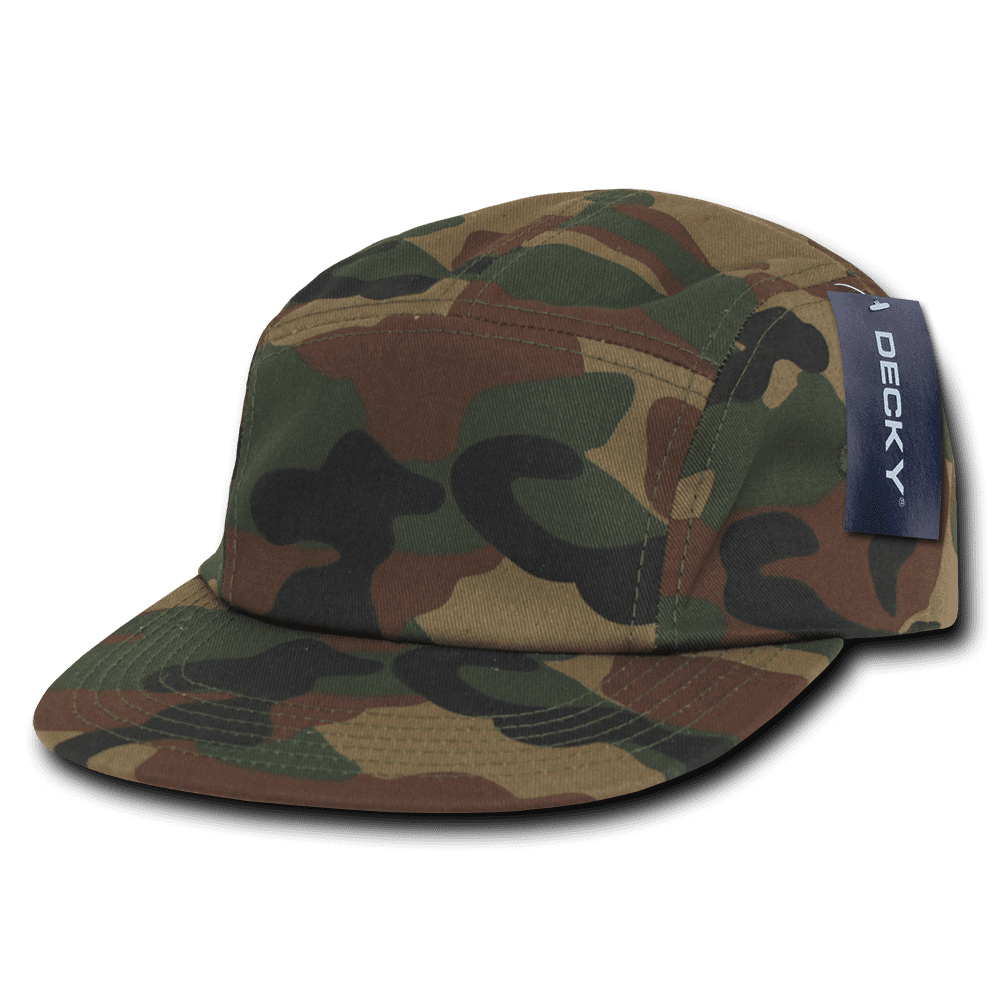 A 5 panel racer cap in a camouflage pattern featuring shades of green, brown, and black with a small branded label. 5 Panel Racer Cap - Image 1