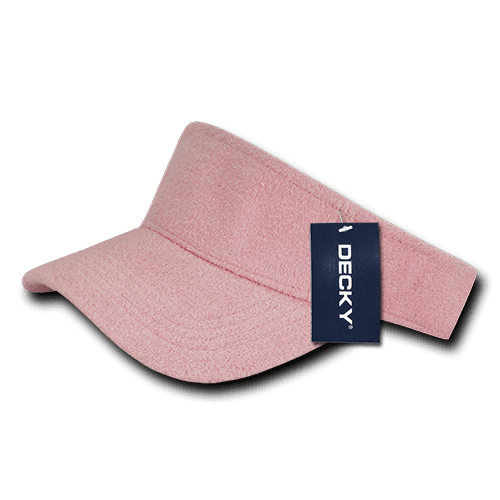 A pink terry cloth visor featuring a branded tag. The visor has a wide brim and a soft texture. Terry Visor - Image 1