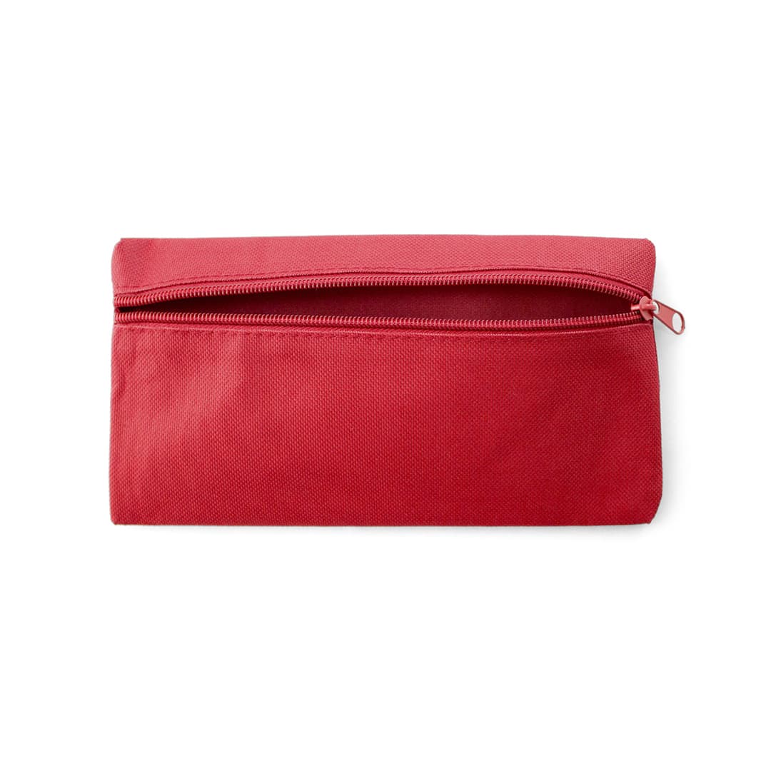 A red pencil case with a zip closure and a simple design, featuring a branding logo. Tage Pencil Case - Image 1