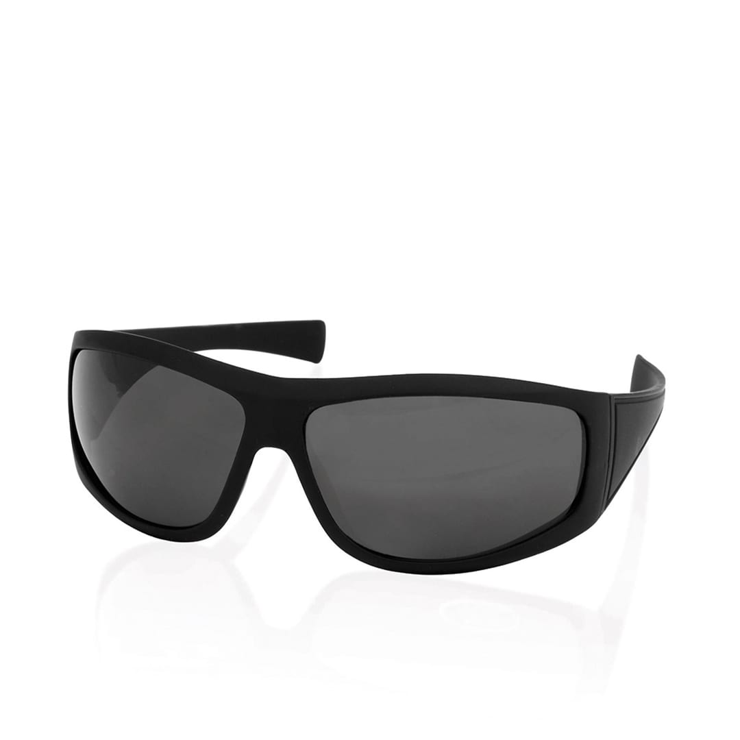 Black sunglasses with dark grey lenses, featuring a sleek design and a logo on the arm. Premia Sunglasses - Image 1